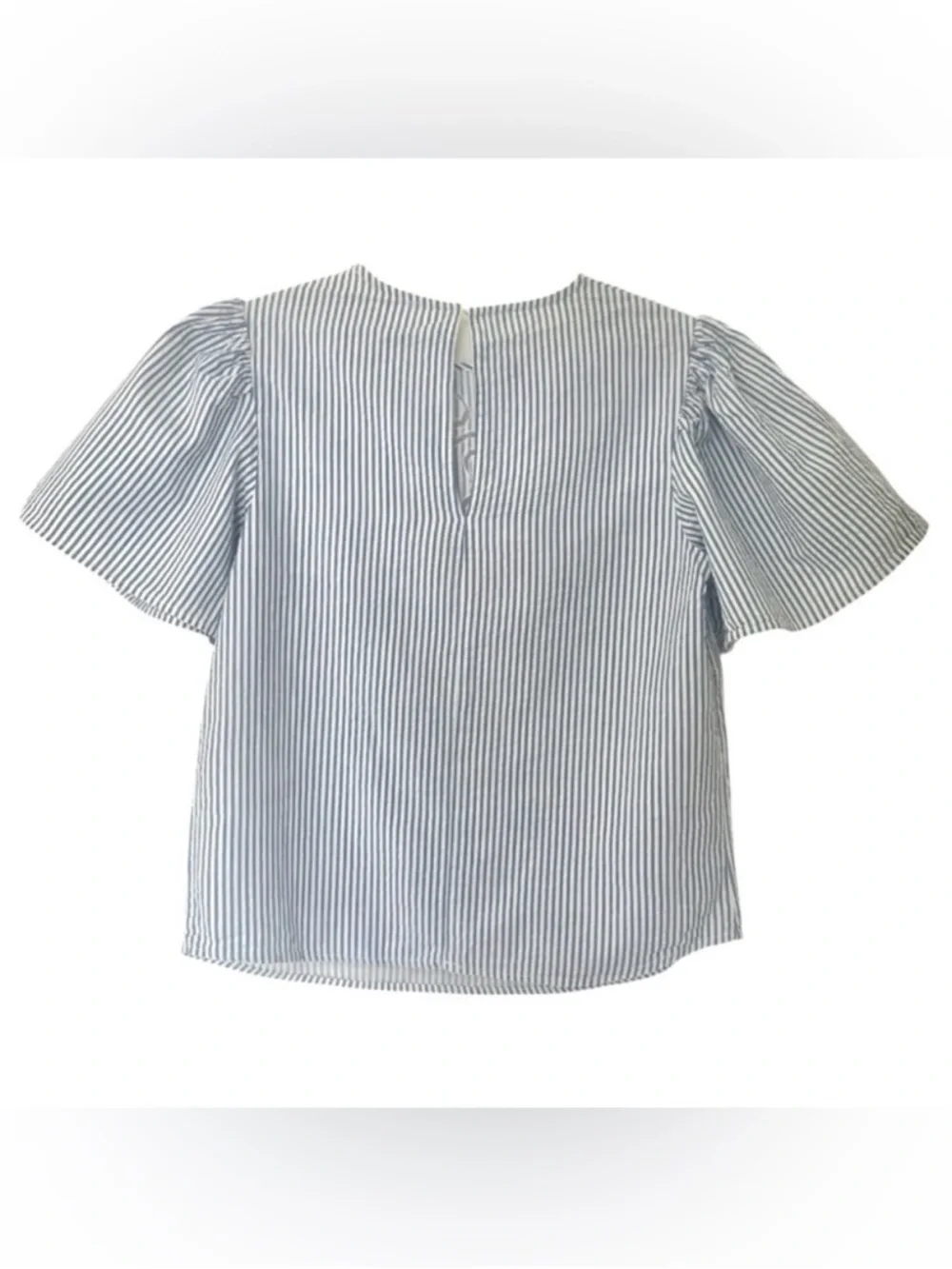 ZARA Striped Blue Blouse With Lace Floral Cutout Detail And Puff Sleeves